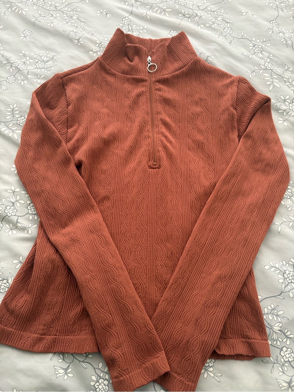 Cable-Knit Half-Zip Long Sleeve Top in Rust - Unbranded